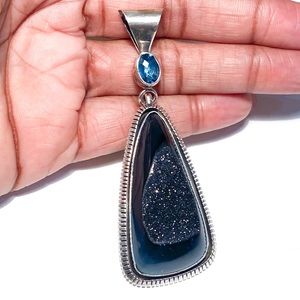 Navajo Signed Carol Wylie Sterling Pendant with Black Druzy Stone and Blue Stone